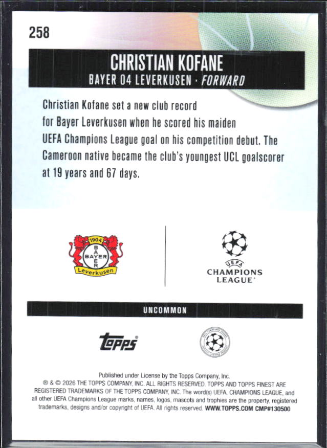 Christian Kofane 2025-26 Finest UEFA Uncommon #258 – baksida