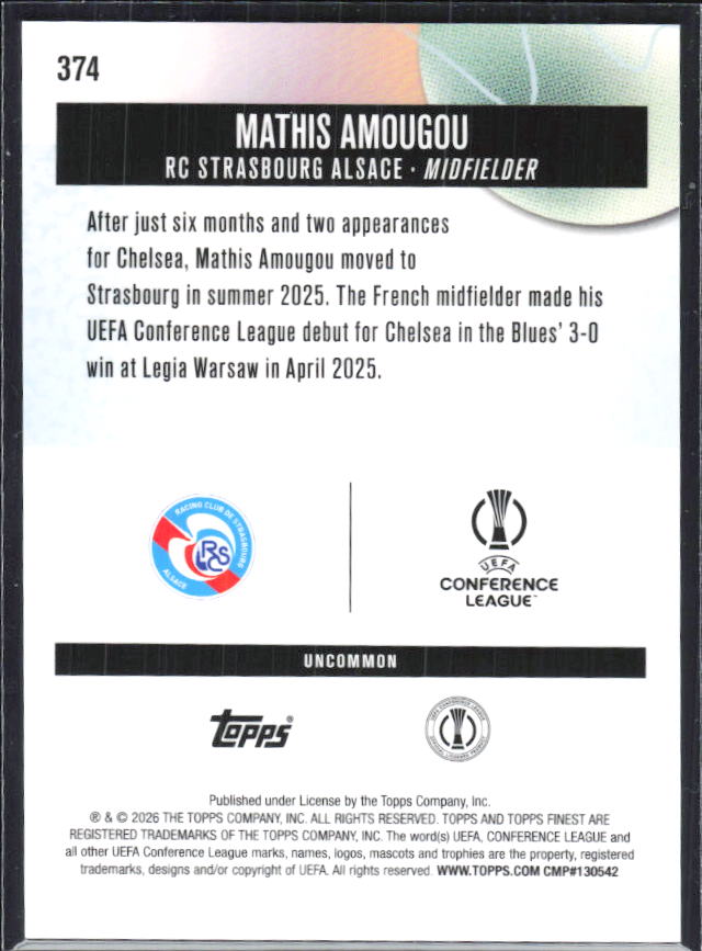 Mathis Amougou 2025-26 Finest UEFA Uncommon #374 – baksida