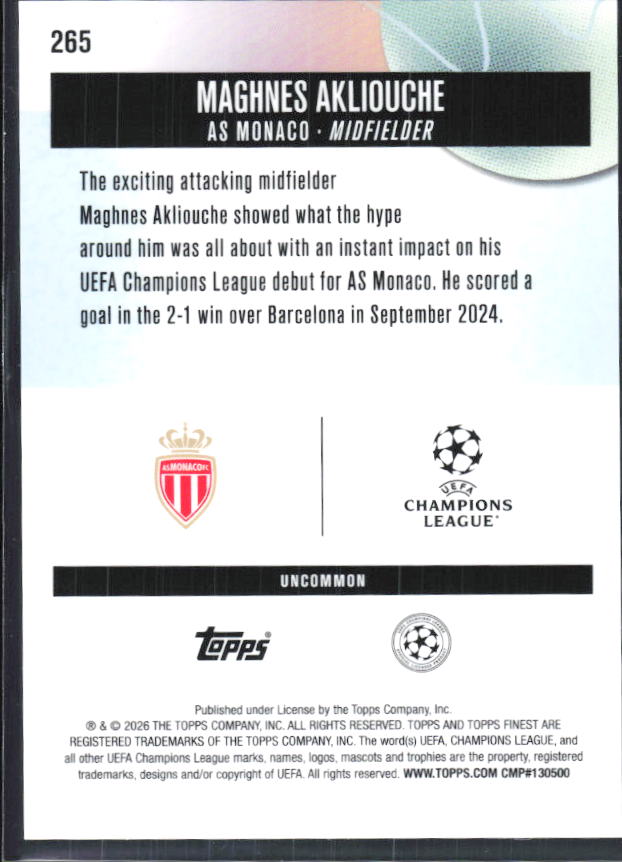 Maghnes Akliouche 2025-26 Finest UEFA Uncommon #265 – baksida