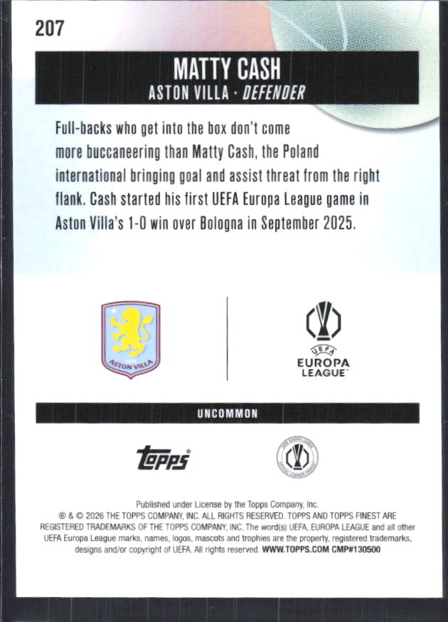 Matty Cash 2025-26 Finest UEFA Uncommon #207 – baksida