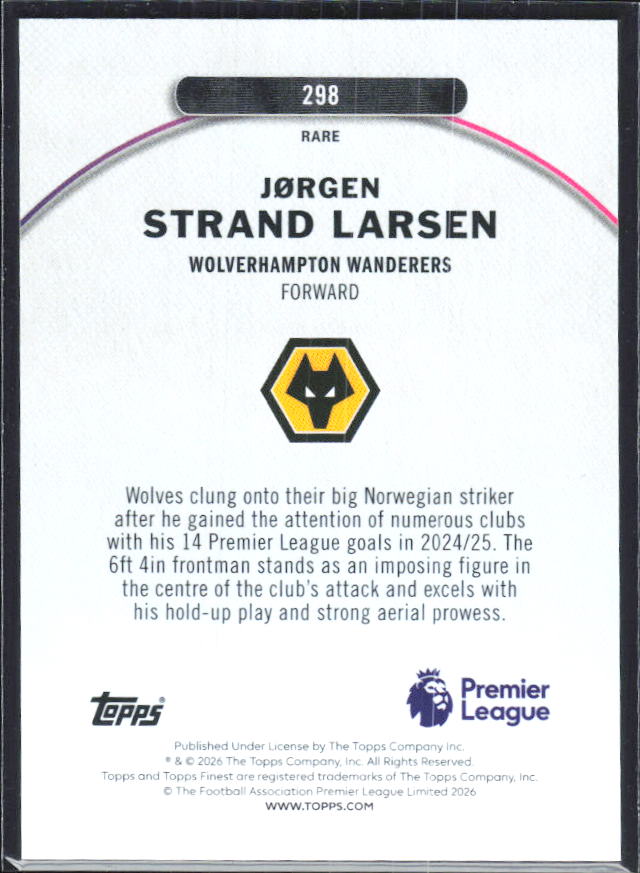 Jørgen Strand Larsen 2025-26 Finest Premier League Rare #298 – baksida