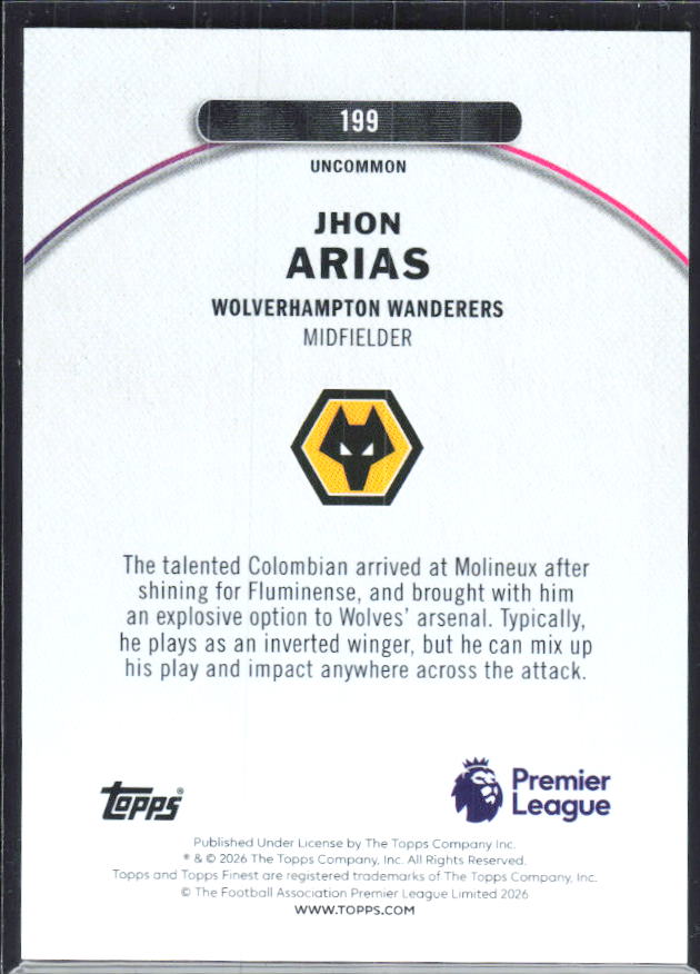 Jhon Arias 2025-26 Finest Premier League Uncommon #199 – baksida