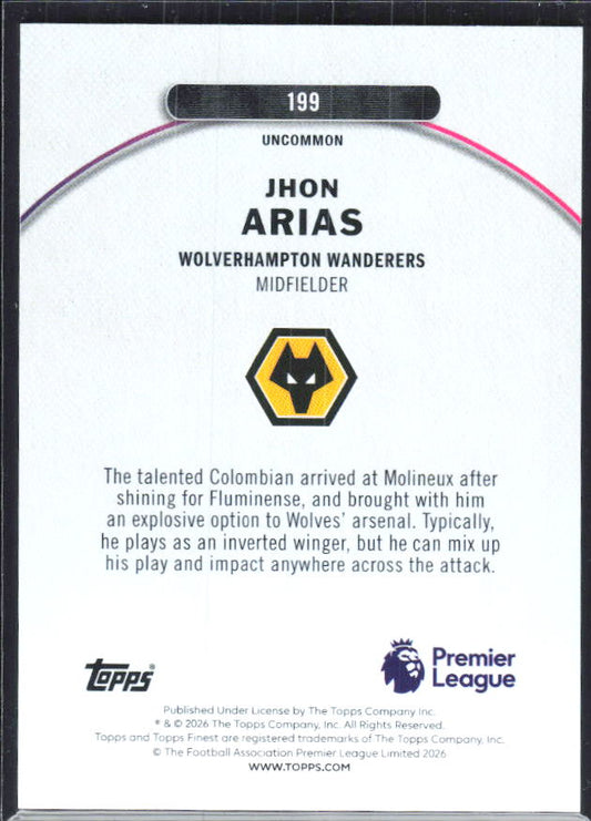 Jhon Arias 2025-26 Finest Premier League Uncommon #199 – baksida