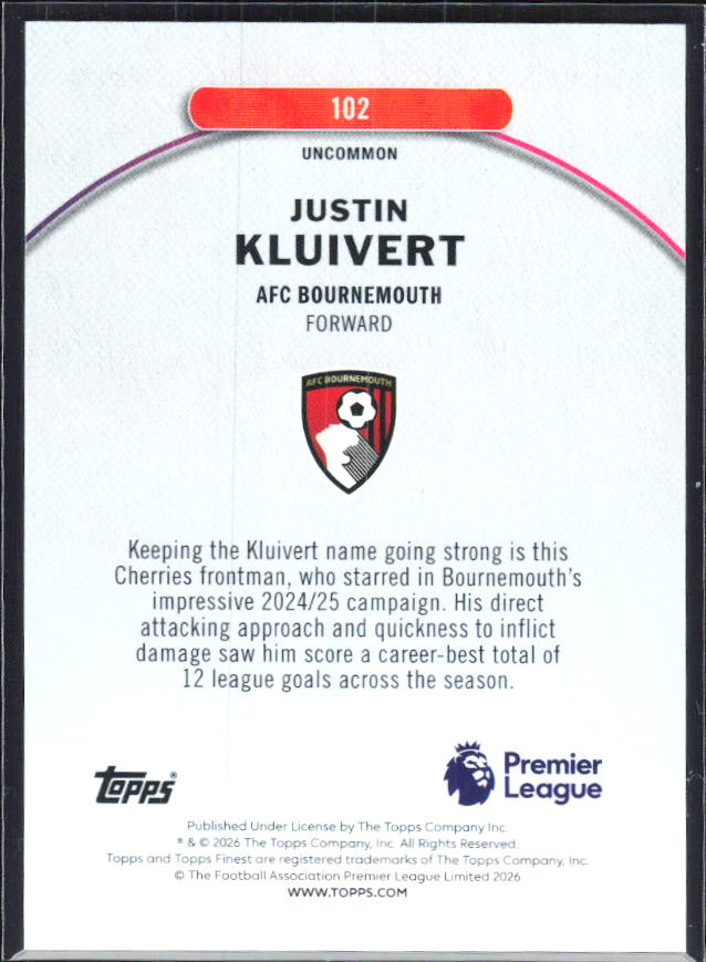 Justin Kluivert 2025-26 Finest Premier League Uncommon #102 – baksida