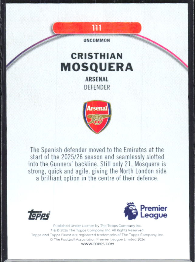Cristhian Mosquera 2025-26 Finest Premier League Uncommon #111 – baksida