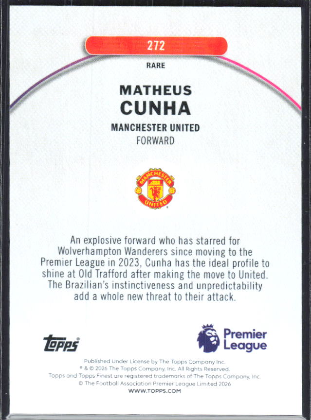 Matheus Cunha 2025-26 Finest Premier League Rare #272 – baksida