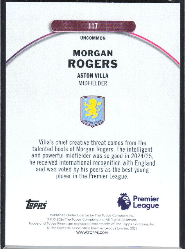 Morgan Rogers 2025-26 Finest Premier League Uncommon #117 – baksida