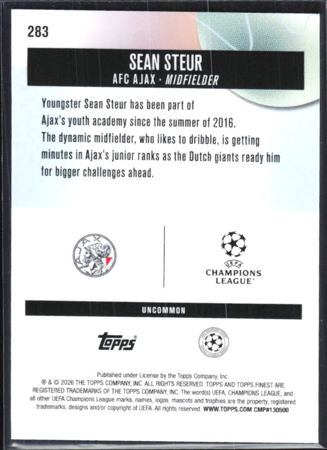 Sean Steur 2025-26 Finest UEFA Uncommon #283 – baksida