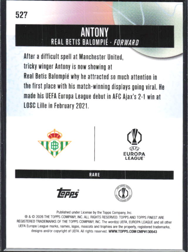 Antony 2025-26 Finest UEFA Rare #527 – baksida