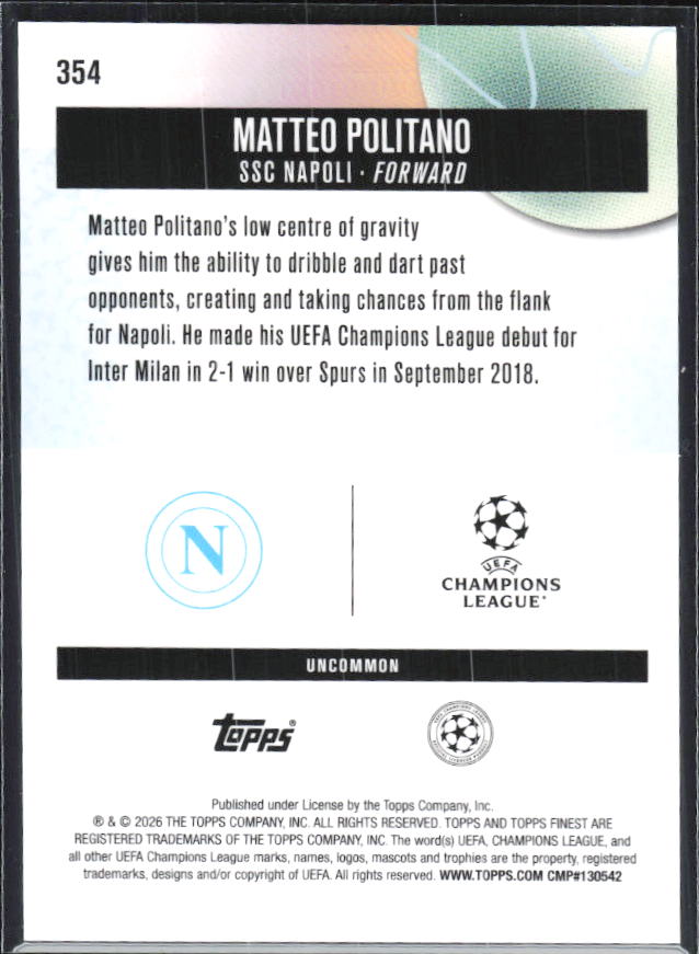 Matteo Politano 2025-26 Finest UEFA Uncommon #354 – baksida
