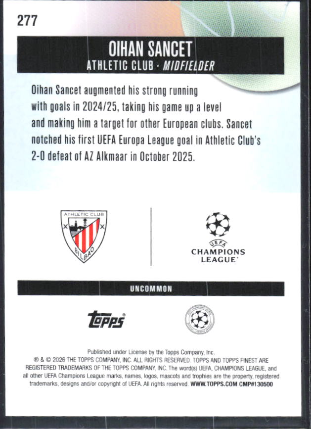 Oihan Sancet 2025-26 Finest UEFA Uncommon #277 – baksida