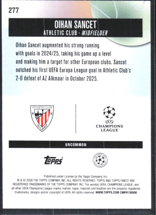 Oihan Sancet 2025-26 Finest UEFA Uncommon #277 – baksida