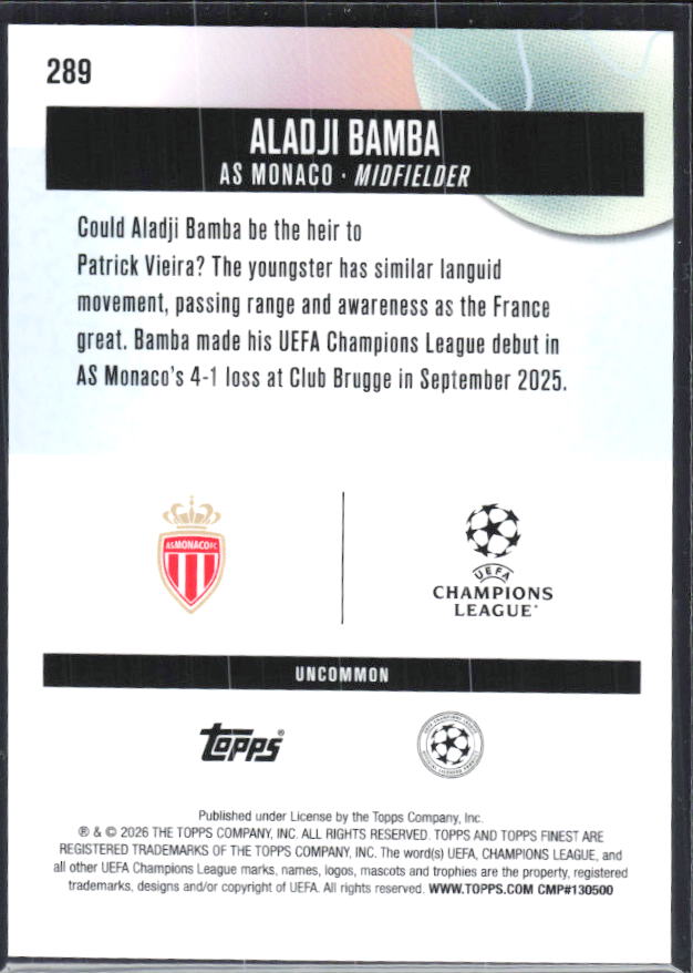 Aladji Bamba 2025-26 Finest UEFA Uncommon #289 – baksida