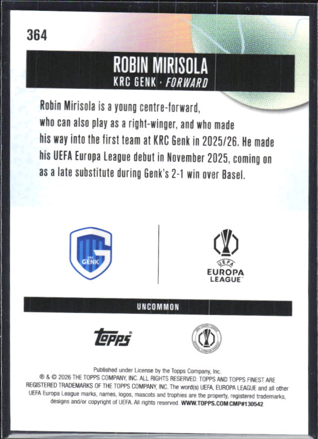 Robin Mirisola 2025-26 Finest UEFA Uncommon #364 – baksida