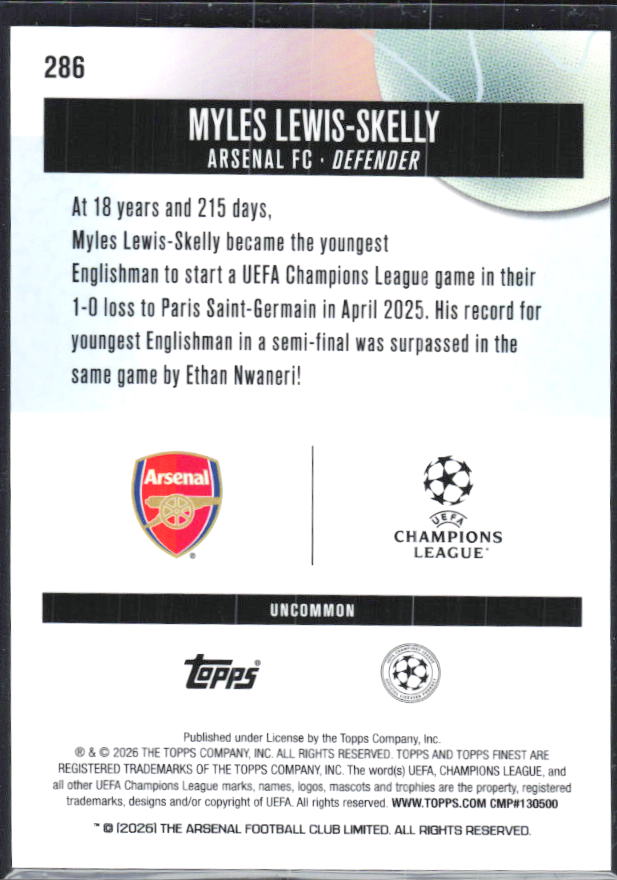 Myles Lewis-Skelly 2025-26 Finest UEFA Uncommon #286 – baksida
