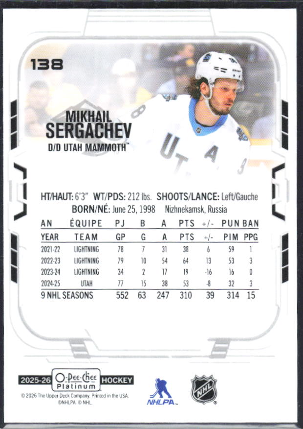Mikhail Sergachev 2025-26 O-Pee-Chee Platinum #138 – baksida