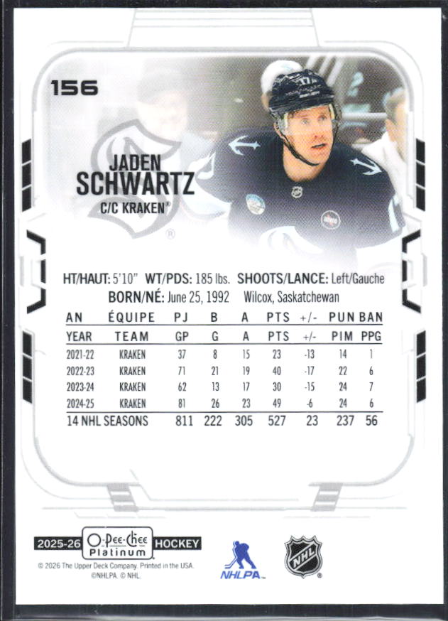Jaden Schwartz 2025-26 O-Pee-Chee Platinum #156 – baksida