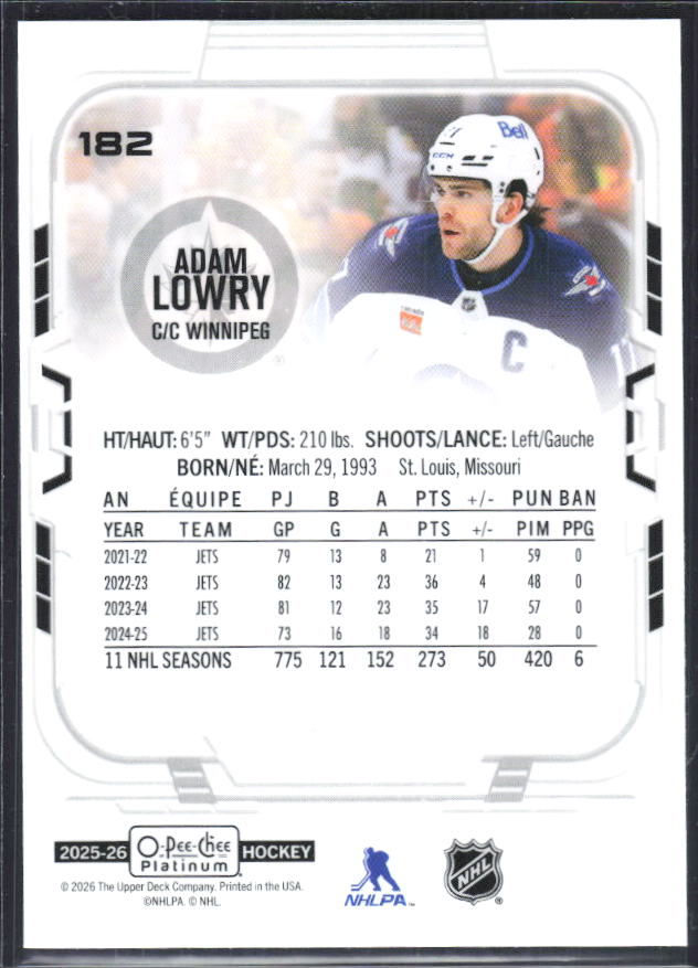Adam Lowry 2025-26 O-Pee-Chee Platinum #182 – baksida