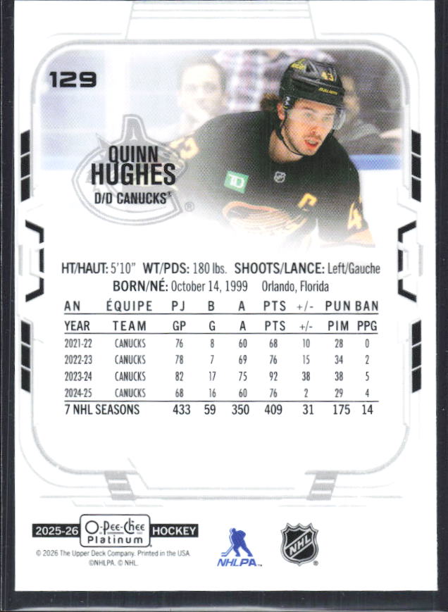 Quinn Hughes 2025-26 O-Pee-Chee Platinum #129 – baksida