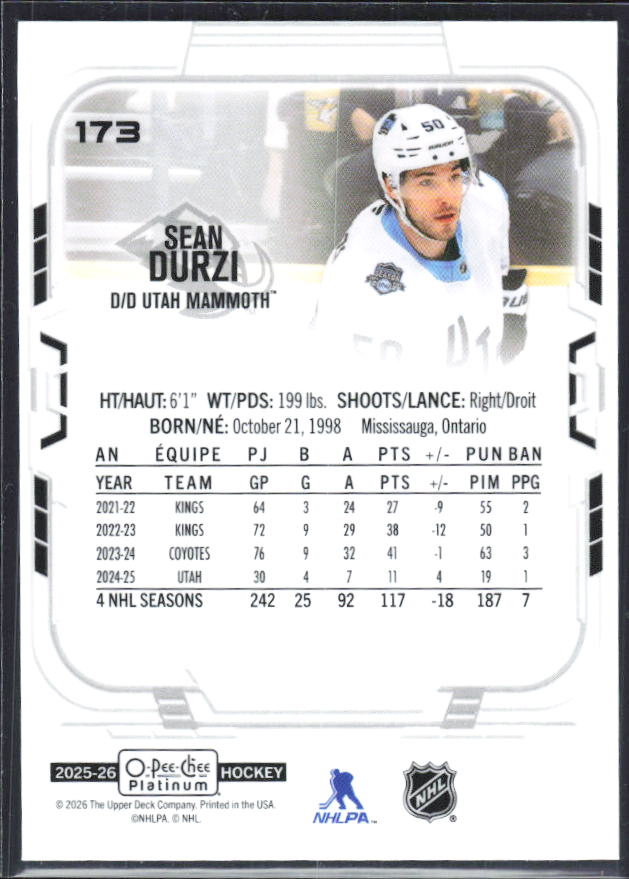 Sean Durzi 2025-26 O-Pee-Chee Platinum #173 – baksida