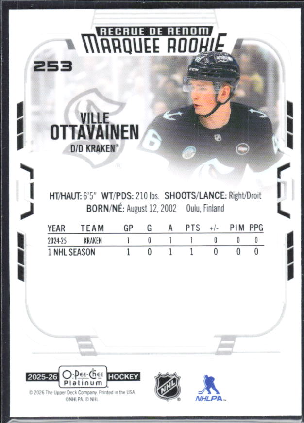 Ville Ottavainen 2025-26 O-Pee-Chee Platinum Marquee Rookies #253 – baksida