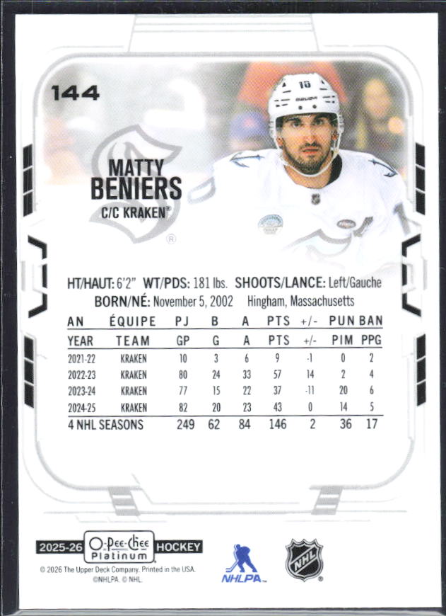 Matty Beniers 2025-26 O-Pee-Chee Platinum #144 – baksida