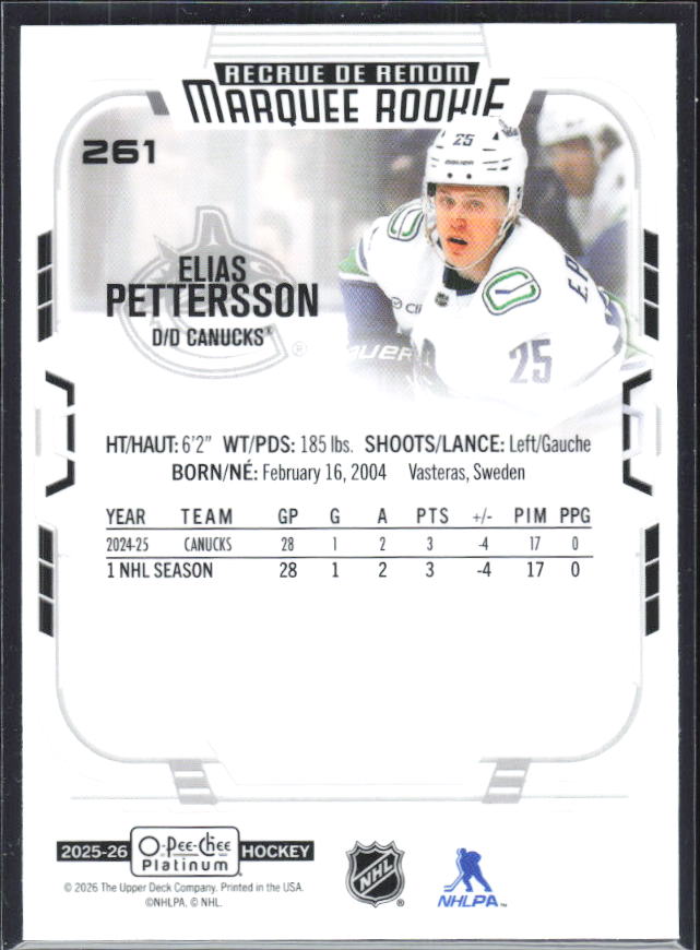 Elias Pettersson 2025-26 O-Pee-Chee Platinum Marquee Rookies #261 – baksida