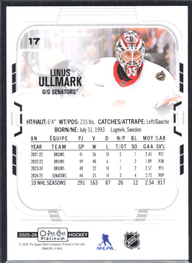 Linus Ullmark 2025-26 O-Pee-Chee Platinum #17 – baksida