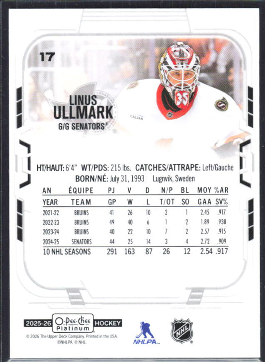 Linus Ullmark 2025-26 O-Pee-Chee Platinum #17 – baksida