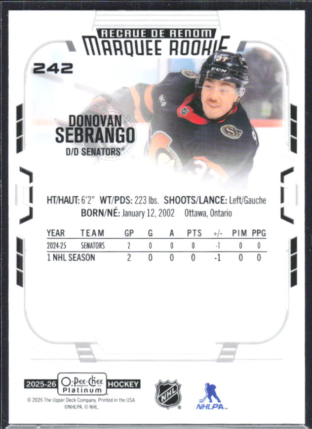 Donovan Sebrango 2025-26 O-Pee-Chee Platinum Marquee Rookies #242 – baksida