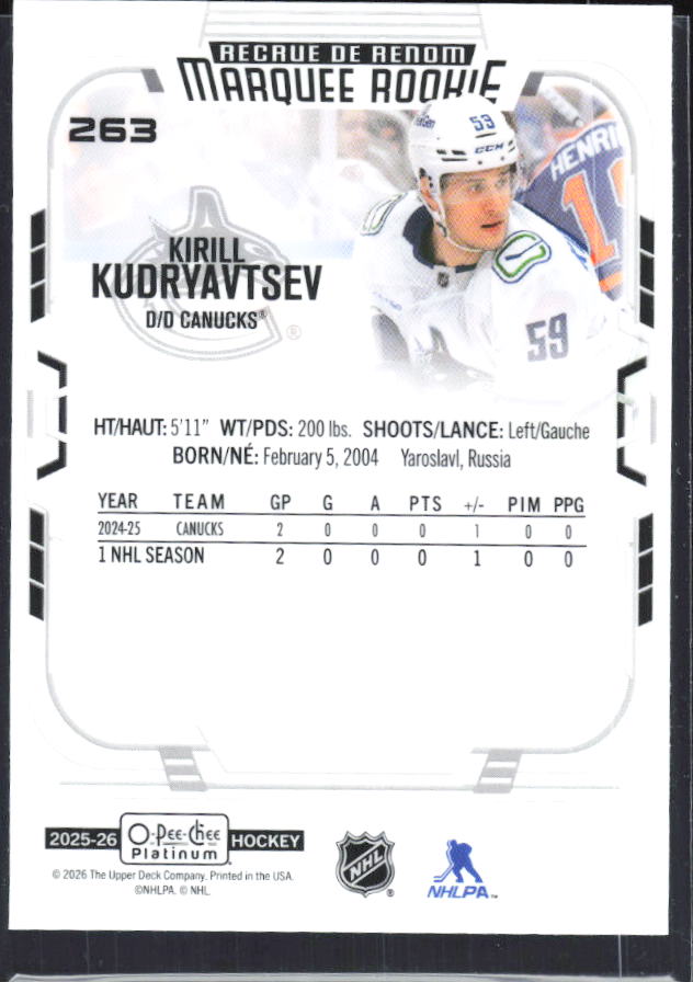 Kirill Kudryavtsev 2025-26 O-Pee-Chee Platinum Marquee Rookies #263 – baksida