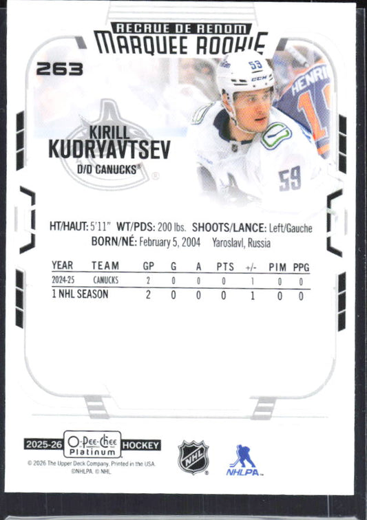 Kirill Kudryavtsev 2025-26 O-Pee-Chee Platinum Marquee Rookies #263 – baksida