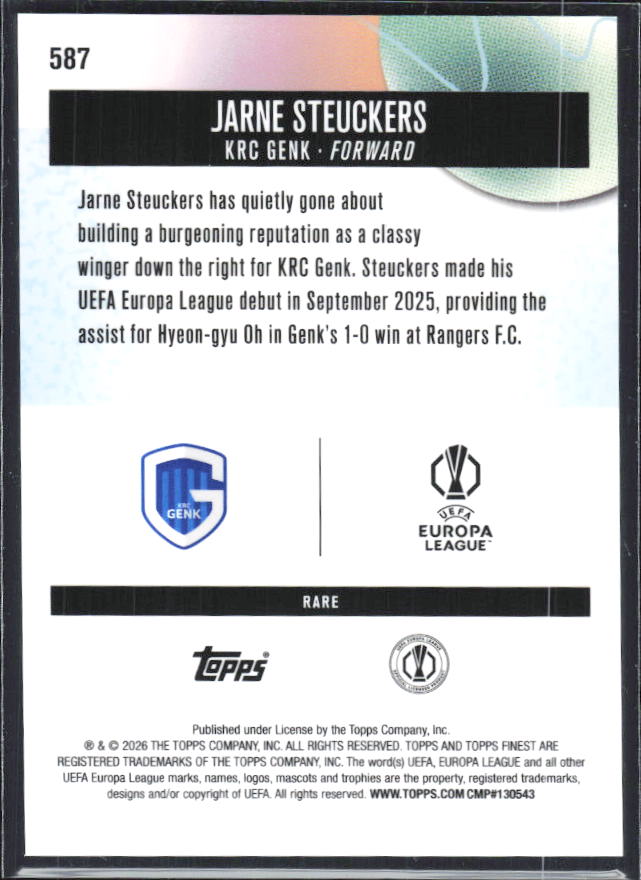 Jarne Steuckers 2025-26 Finest UEFA Rare #587 – baksida
