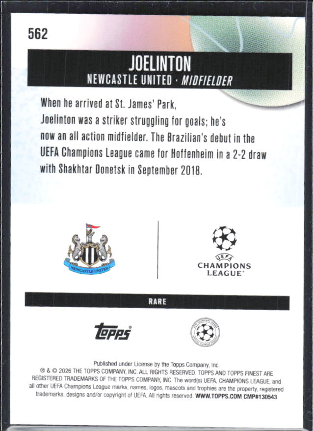Joelinton 2025-26 Finest UEFA Rare #562 – baksida