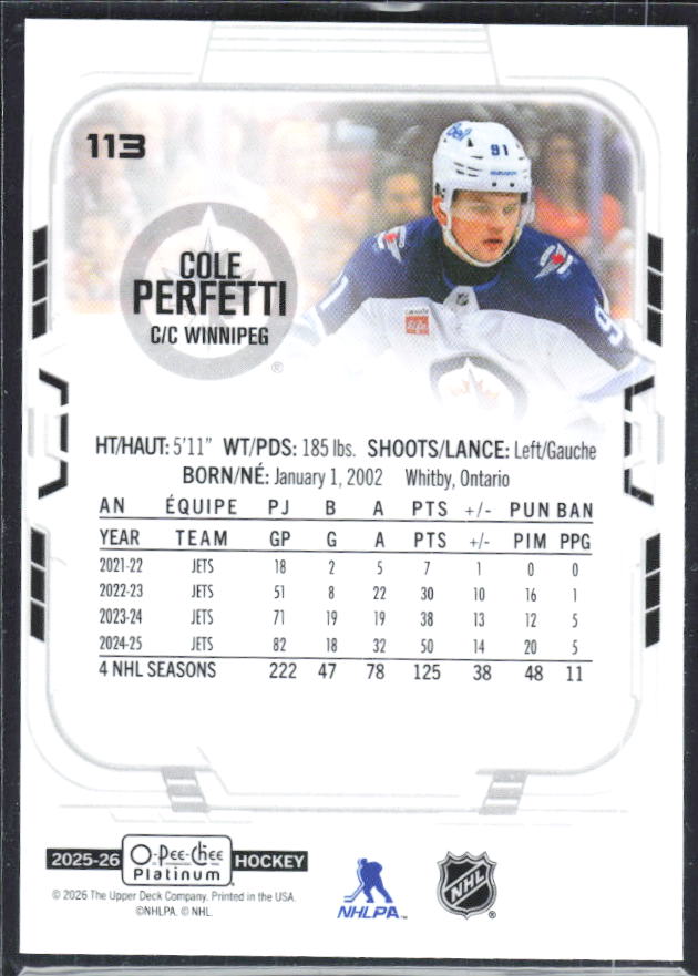 Cole Perfetti 2025-26 O-Pee-Chee Platinum #113 – baksida