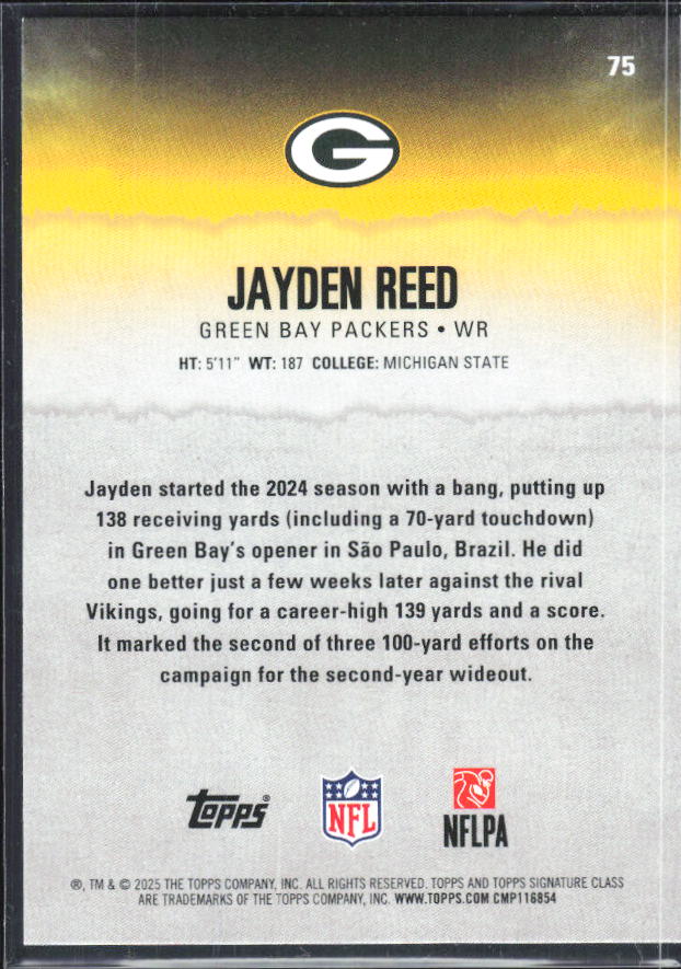 Jayden Reed 2025 Signature Class #75 – baksida