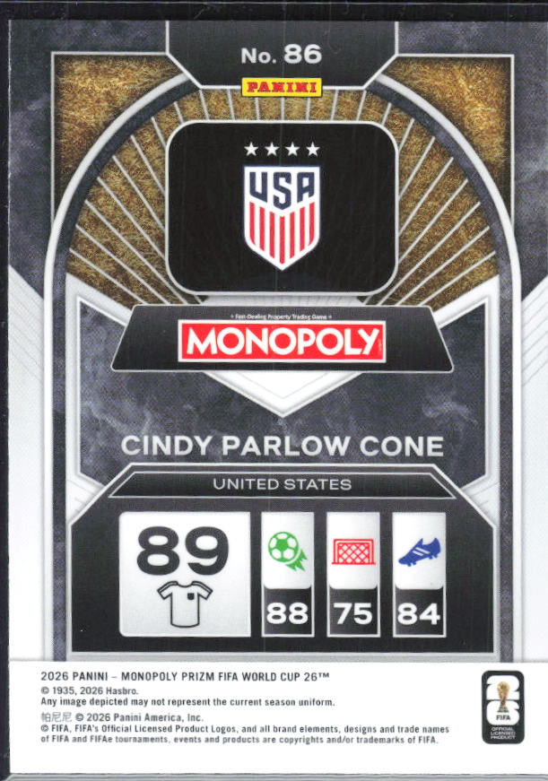 Cindy Parlow Cone 2026 Monopoly Prizm FIFA World Cup #86 – baksida