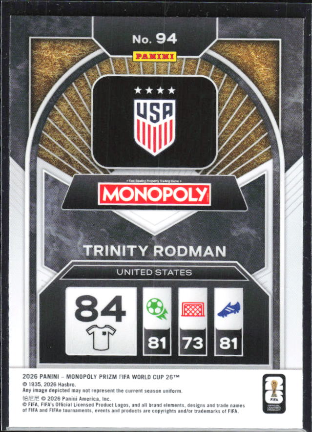 Trinity Rodman 2026 Monopoly Prizm FIFA World Cup #94 – baksida