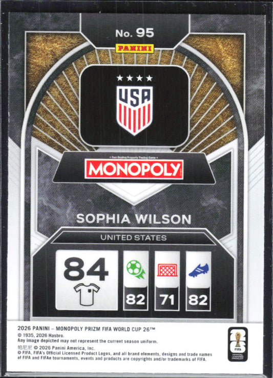 Sophia Wilson 2026 Monopoly Prizm FIFA World Cup #95 – baksida