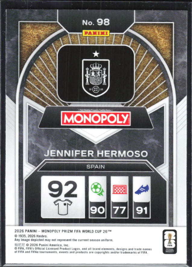 Jennifer Hermoso 2026 Monopoly Prizm FIFA World Cup #98 – baksida