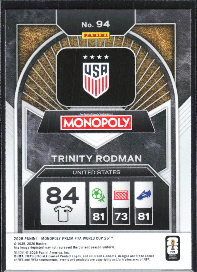 Trinity Rodman 2026 Monopoly Prizm FIFA World Cup #94 – baksida
