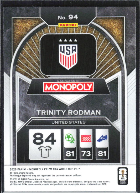 Trinity Rodman 2026 Monopoly Prizm FIFA World Cup #94 – baksida