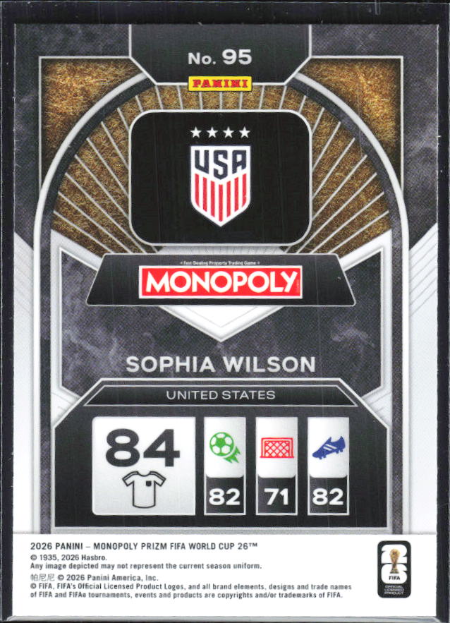 Sophia Wilson 2026 Monopoly Prizm FIFA World Cup #95 – baksida