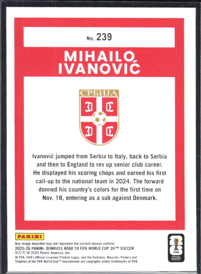 Mihailo Ivanović 2025-26 Donruss Road to FIFA World Cup Rated Rookie #239 – baksida