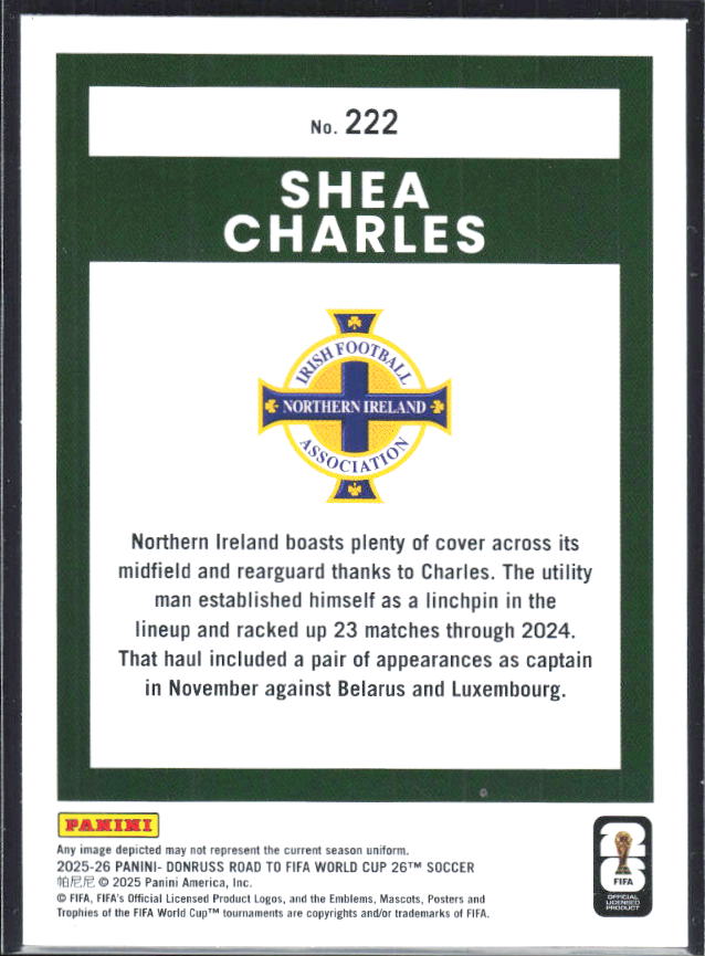 Shea Charles 2025-26 Donruss Road to FIFA World Cup Rated Rookie #222 – baksida