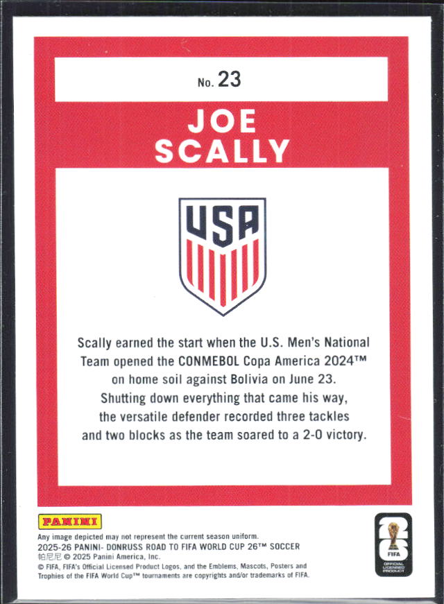 Joe Scally 2025-26 Donruss Road to FIFA World Cup #23 – baksida