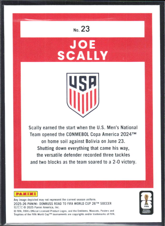Joe Scally 2025-26 Donruss Road to FIFA World Cup #23 – baksida