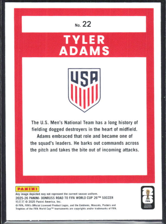 Tyler Adams 2025-26 Donruss Road to FIFA World Cup Optic #22 – baksida