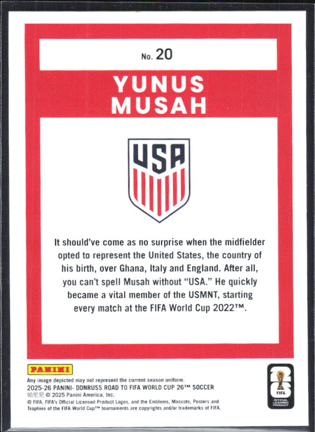 Yunus Musah 2025-26 Donruss Road to FIFA World Cup #20 – baksida