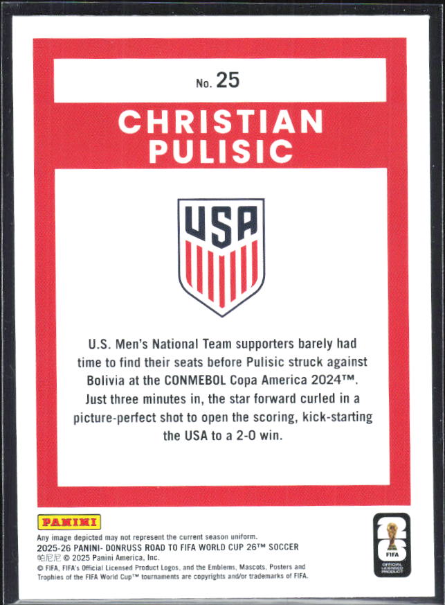 Christian Pulisic 2025-26 Donruss Road to FIFA World Cup #25 – baksida
